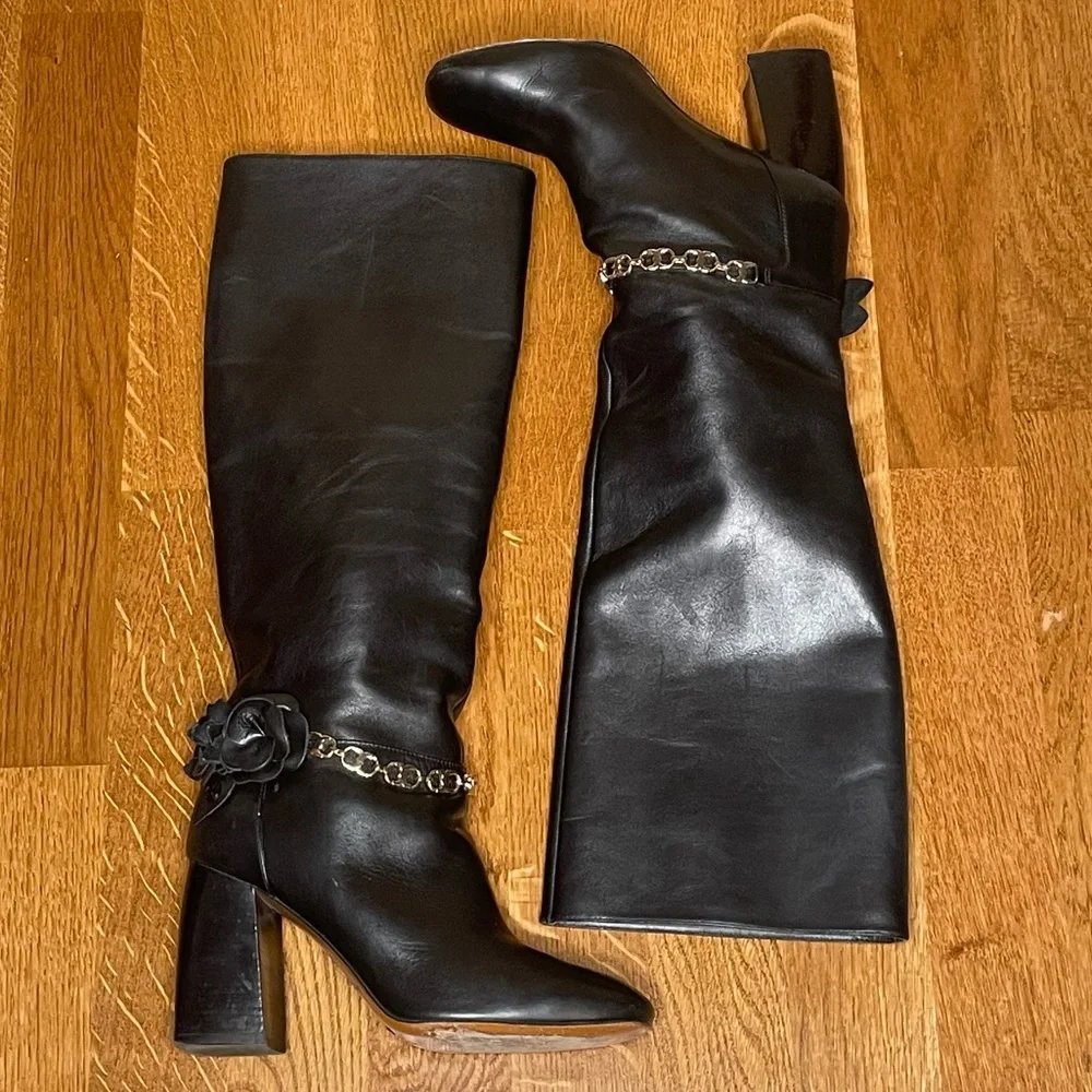 Tory Burch Leather Floral Blossom Knee High Heeled Boot